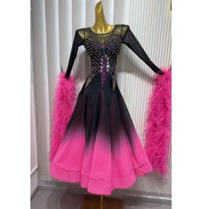 Custom size fuchsia gradient feather competition ballroom dance dresses for women waltz tango foxtrot dance long gown